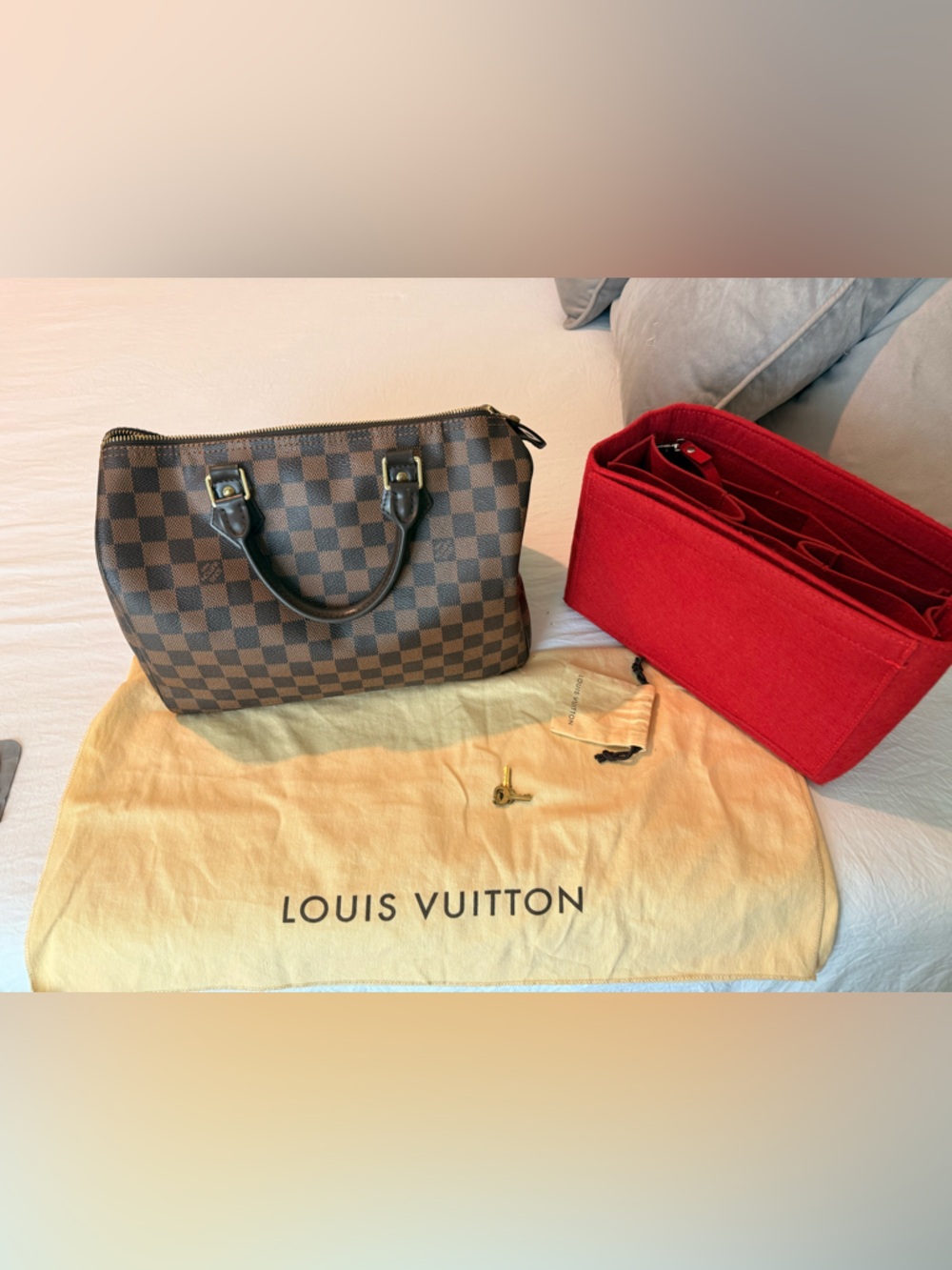 Louis Vuitton Damier Ebene Satchel 30 with Red Insert